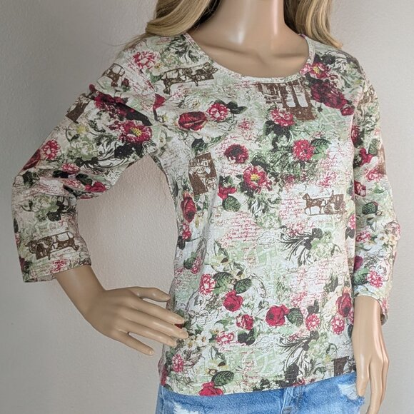 Great Northwest Top Women's Large Cream Red Floral All over Print 3/4 Sleeve Top - Picture 3 of 16